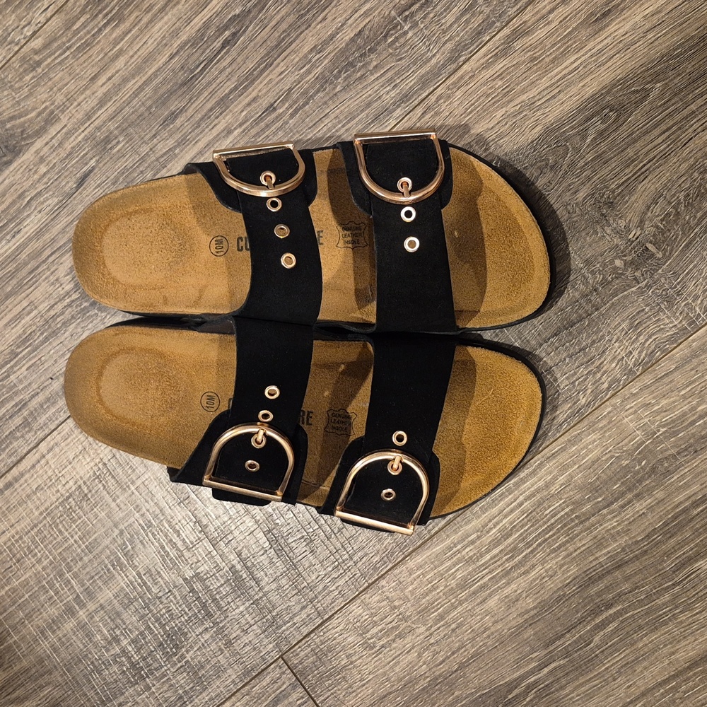 Women Black Sandals with Gold Buckles - Picture 4 of 5